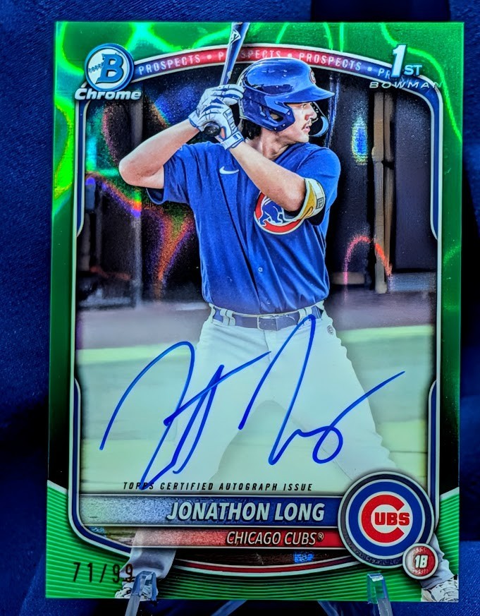 ~ Jonathon Long 2025 Bowman Chrome 1st ON CARD Auto Green Lava /99 Cubs