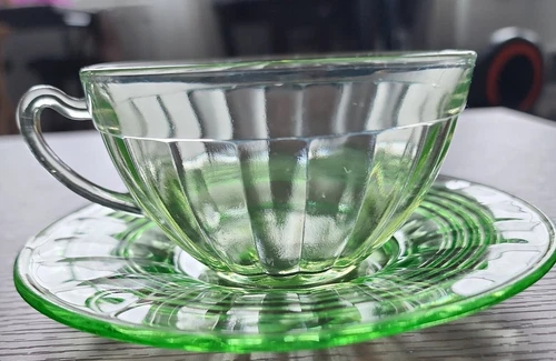 Anchor Hocking Optic Green PILLAR cup and saucer set. Uranium 