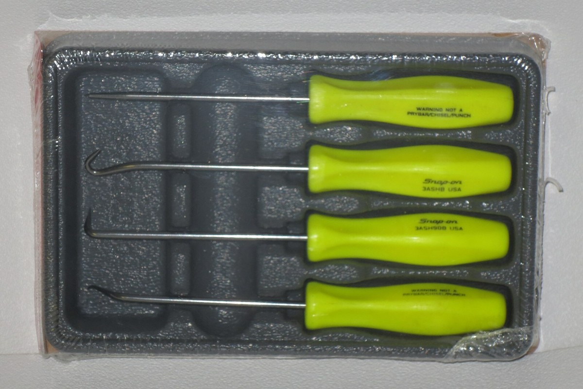Snap-on 4 PC Mini Handle Awl Hook & Pick Set Hi Vis Yellow