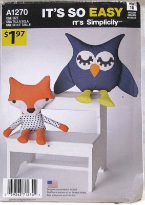 Simplicity Pattern A1270 Easy One Size Stuffed Plush Owl and Fox Security Uncut 