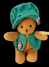 1994 Commonwealth Brown Fleece Bear with Green Vest Bonnet Plush 12"
