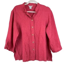 CITRON SANTA MONICA Women PL 100% Silk Crinkle Button Top Raspberry Lightweight