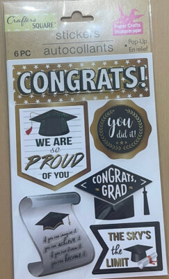 Crafters Square Pop-up Graduation Sticker Set Black & White 6 Pieces