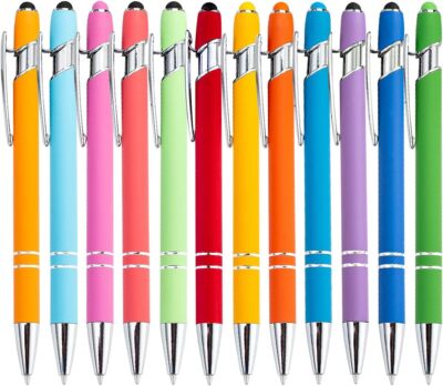 12 Pieces Rainbow Rubberized Soft Touch Ballpoint Pen with Stylus Tip Stylish...