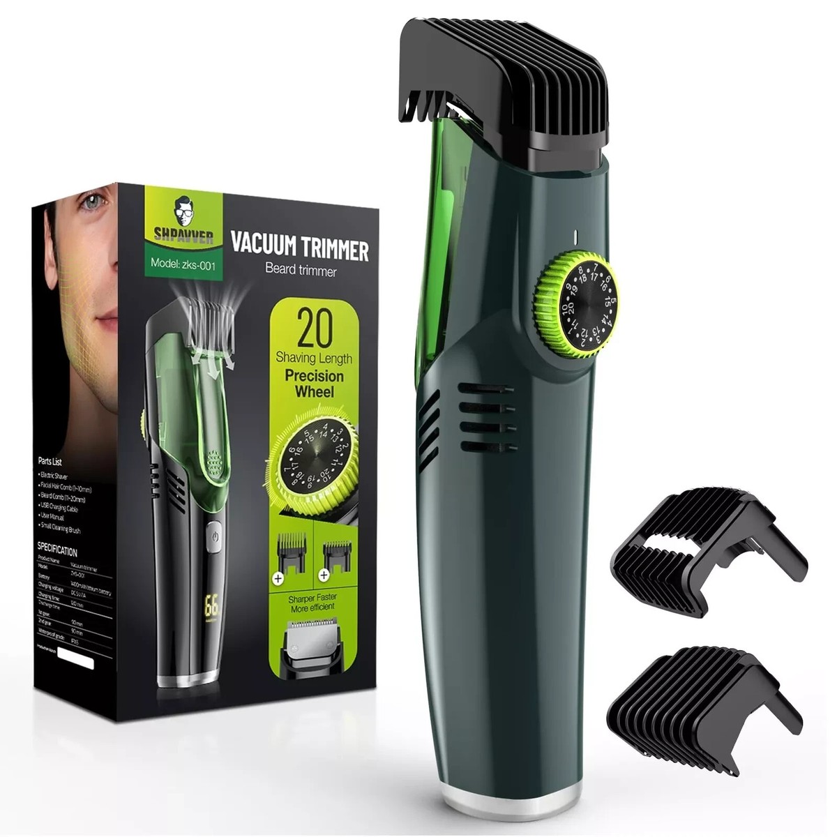 Vacuum Beard Trimmer for Men, Mustache Trimmer with 20 Length and