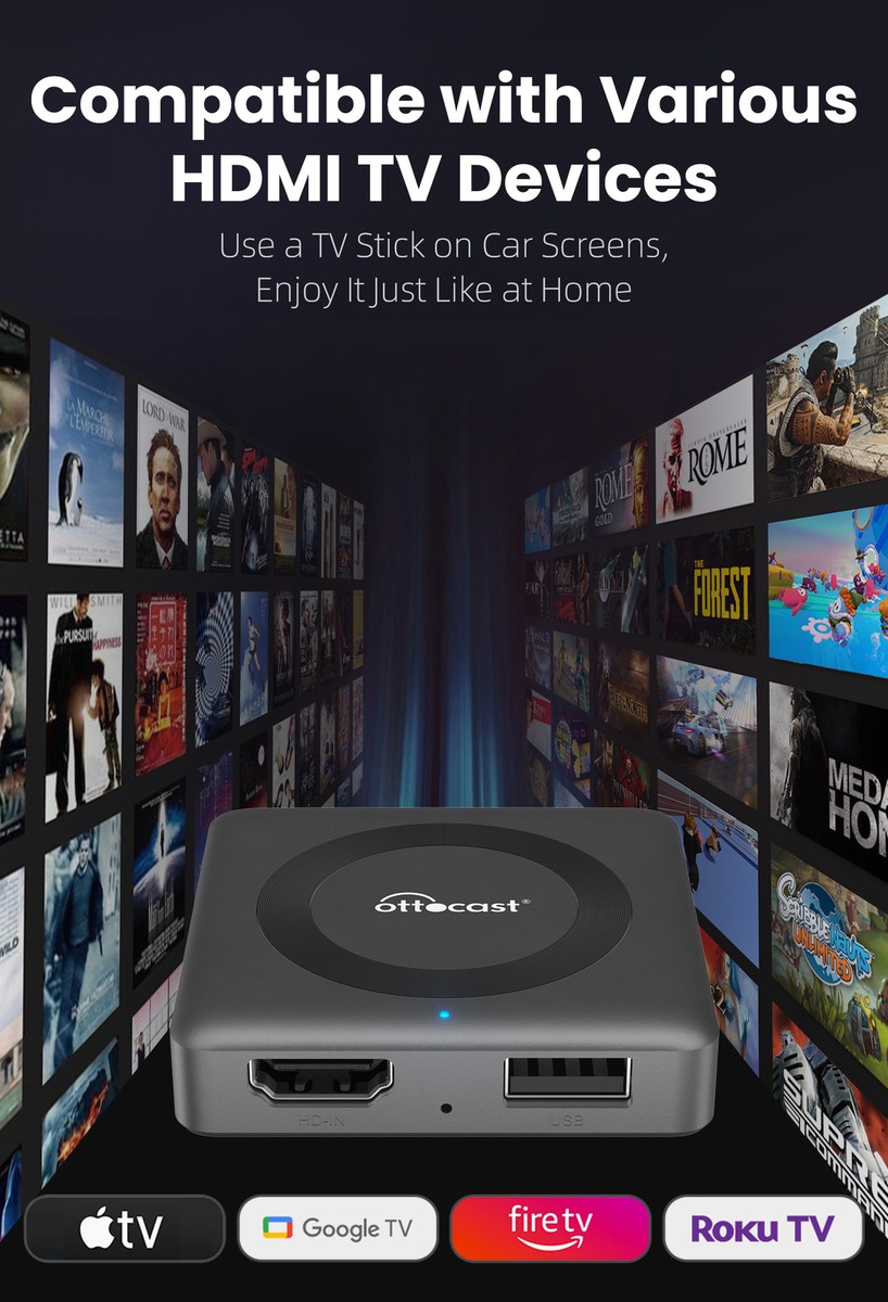 OTTOCAST 3IN1 HDMI Wireless Carplay&Android Auto Adapter TV Fire