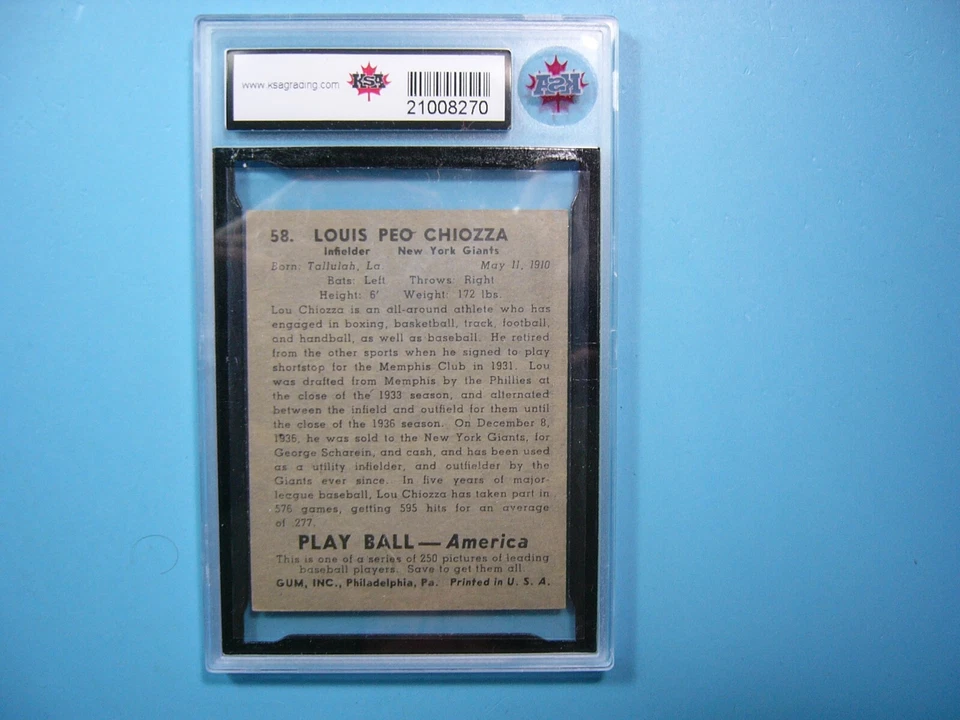 1939 PLAY BALL GUM MLB BASEBALL CARD #58 LOUIS LOU CHIOZZA ROOKIE KSA 7.5 NM+ GL - Image 2 of 2