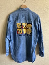 Vtg 90s 1995 Looney Tunes Embroidered Tweety Bird Denim BUTTON Shirt Sz M