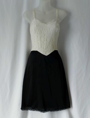 AristoCraft Vintage 1950s LACY Colorblock BLACK & IVORY NYLON FULL SLIP -sz 34 - Picture 2 of 6