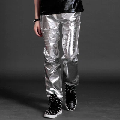Hommes Fit Métallique Simili Cuir PU Clouté Pantalon Effet Mouillé Fête Nuit - Photo 1/4