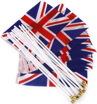 Hand Waving Union Jack Flags Plastic Poles 21 x 14cm Pack of 12, Team GB UK Flag