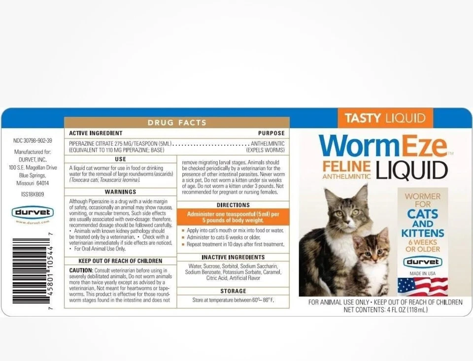 WormEze Liquid Feline Anthemintic 4 oz Wormer for Cats Kittens 6 Weeks or Older - Image 2 of 3