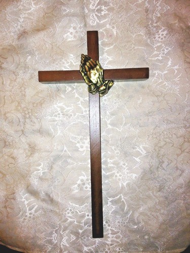 "PRAYING HANDS CROSS" OAK/BRASS, 10"H, NEW in Box, James Brennan Designer