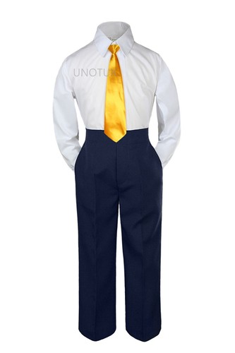 Baby Toddler Kid Boys Wedding Formal 3pc Set Shirt NAVY Pants + Long Tie Suit - Picture 24 of 24