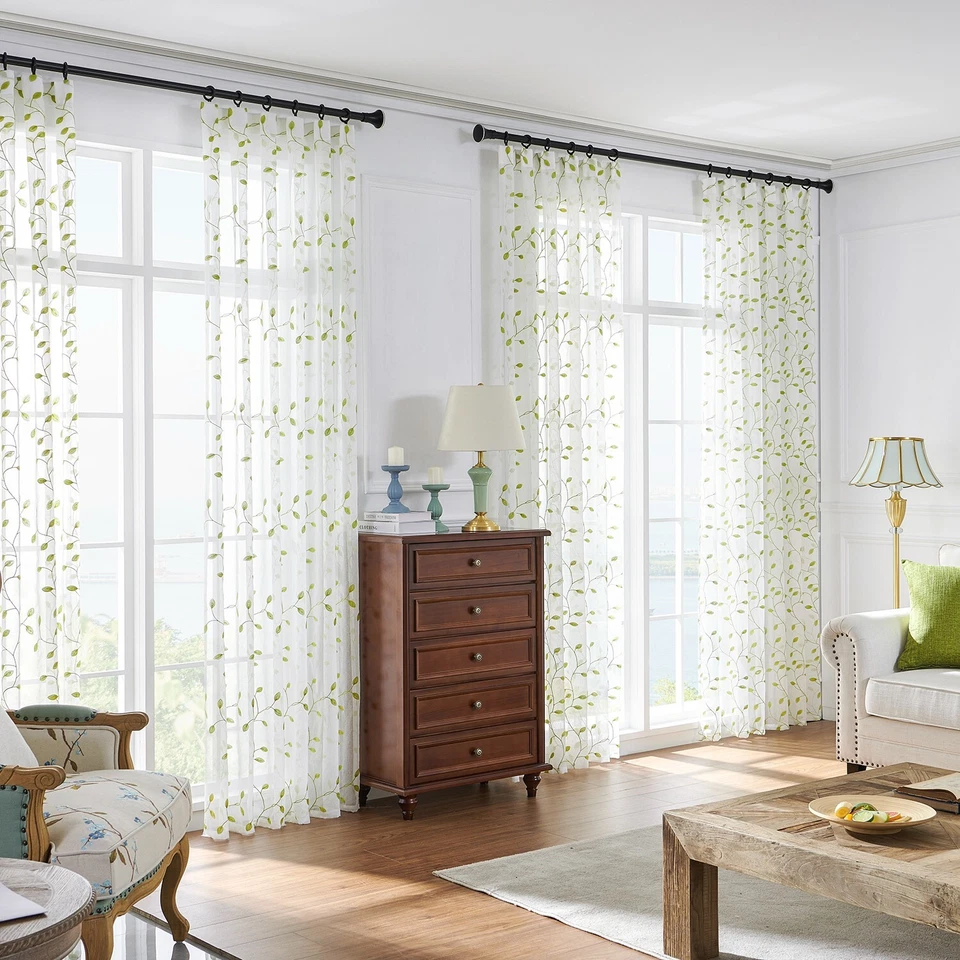 2 Paneles Transparente Bordado Hoja Cortina Voile Tul Ventana Cortina Varilla Bolsillo Foto 3 de 4