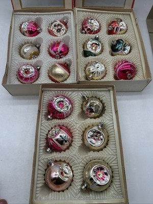 Vintage Commodore Hand Decorated Glass Christmas Tree Ornaments 3 Original Boxes