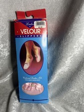Vintage Ladies Velour Slippers, Pink Cushioned Leather Sole, New In Box