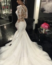 White Lace Long Sleeve Mermaid Wedding Dress with Train, Scoop Neck, Buttons