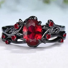 Stainless Steel Red Garnet CZ Black Gothic Ring Wedding Women Fashion Jewelry
