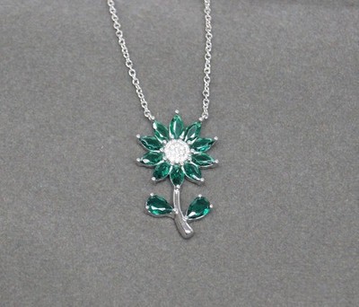 Emerald Sterling Silver Sunflower Necklace Pendant Jewelry Gift for Her NIB