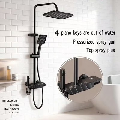 Black Bathroom Shower System Set 4-Function Piano Key Wall-Mounted Outdoor Kit