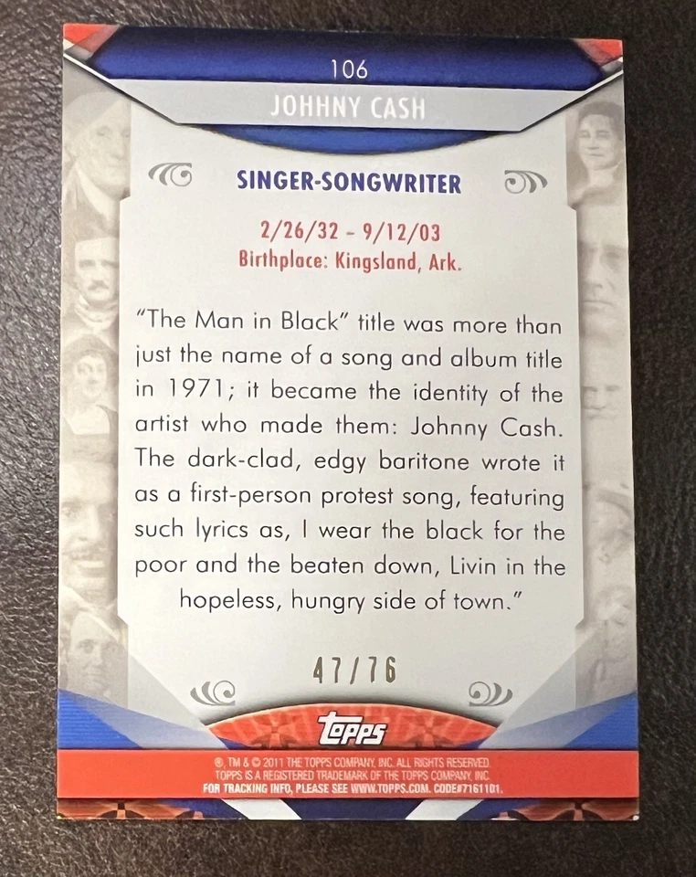 2011 Topps American Pie Spotlight Foil Singer Johnny Cash 47/76 Card # 106 - Image 2 of 2