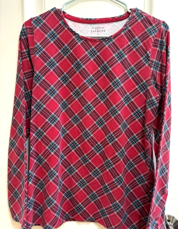Talbots Red Tartan Plaid Cotton/Spandex Long Sleeve Crewneck Knit Tee 2X