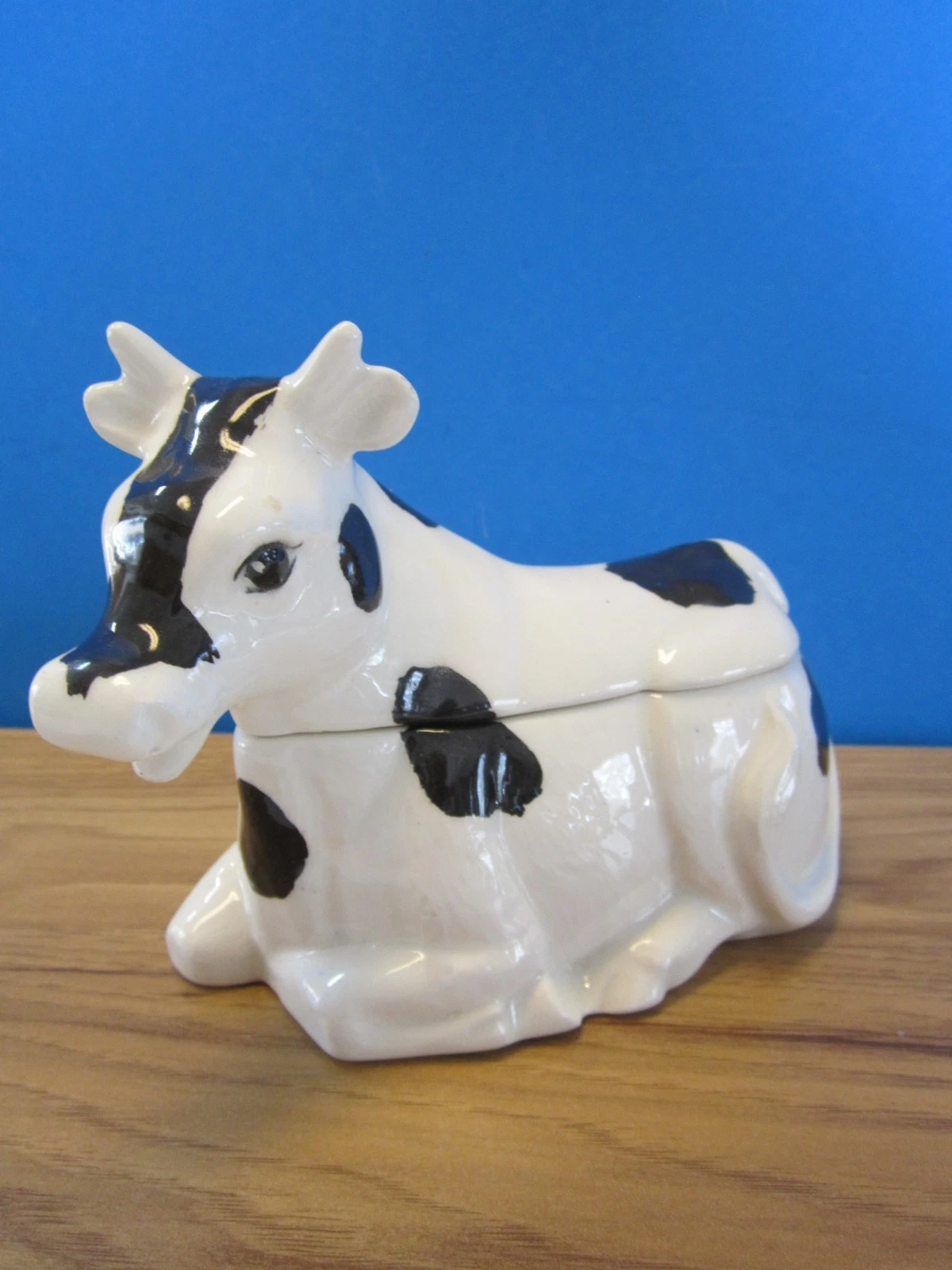 Ceramic Cow Trinket Box Lidded Sugar Jam Jar Holstein Dairy Cow Candy Vintage