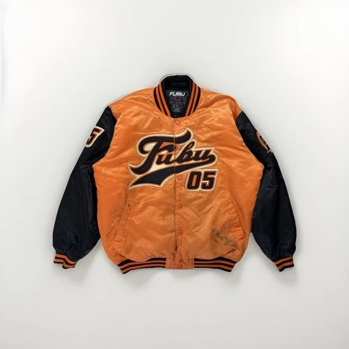 Vintage FUBU 05 Satin Bomber Jacket Spellout Rap Hip Hop Y2K Large - product listing photo