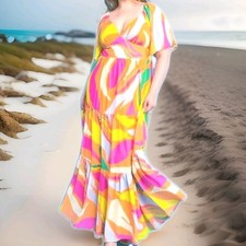 Flying Tomato 1X Ever So Sweet Abstract Flutter Sleeves Groovy Retro Maxi Dress 