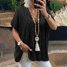 Women Glitter Sequin Tops Blouse Loose Party Holiday Summer Tee Shirts PLUS SIZE