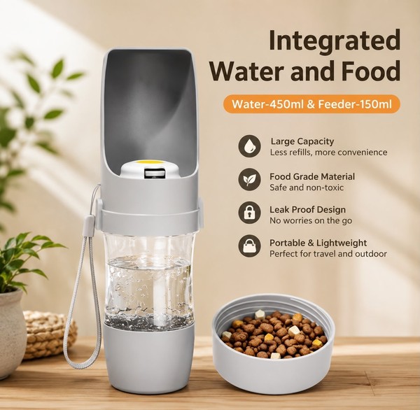 Portable Pet Water Bottle with Food Container For Dogs and Cats