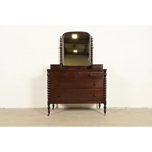 Berkey & Gay Antique Jacobean Carved Mahogany Dresser With Mirror, Circa 1920s