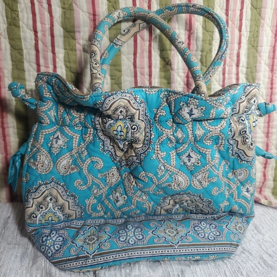 Vera Bradley Cinch Bag Totally Turquoise Retired Quilted Cotton Tote Purse - Image 4 of 4