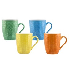 Coffee Mug Set of 4 Ceramic Embossed Grid Pattern 380ml Assorted Colour Cups