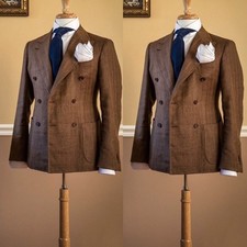 Brown Linen Men's Suits Peak Lapel Double Breasted Formal Wedding Tuxedos Prom