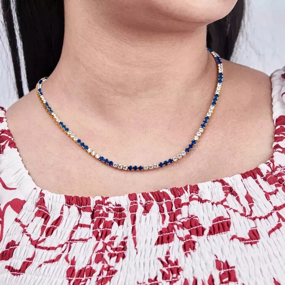 3MM Round Lab Created Sapphire Women's Choker Necklace 14K YellowGold Plated 18