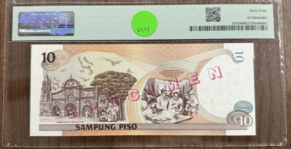 Philippines,Specimen 10 Piso-Wmk 1999-2001 S/N RB000000 Pick#187fs CU64 PMG - Image 2 of 2