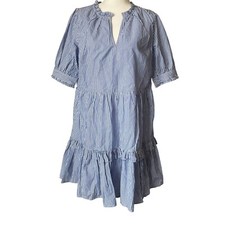 NWT J.Crew Womens Blue & White Striped Tiered Ruffle Dress Half Sleeves Split Ne
