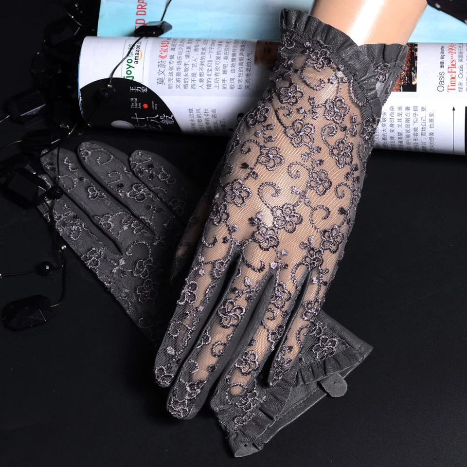 Women's Ladies Real Leather&Lace Touchscreen Unlined Fashion Sexy Short Gloves - Image 4 of 4