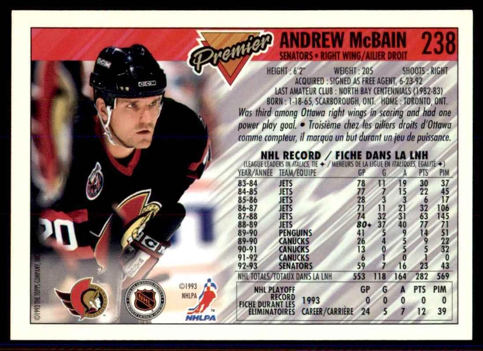 1993-94 Topps Premier Gold Andrew McBain #238 - Image 2 of 2