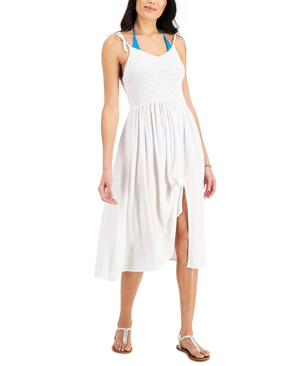 juniors white midi dress Miken Juniors' White Smocked Midi Dress Cover-Up, Size Medium