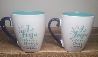 Two 10 Strawberry Street I Do Yoga to Release Stress 24 oz Ceramic Coffee Mugs