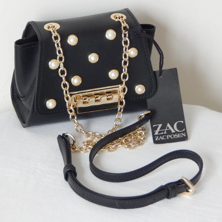 ZAC POSEN EARTHA MINI Pearl Studs Flap Chain Link Shoulder Bag Black NWT