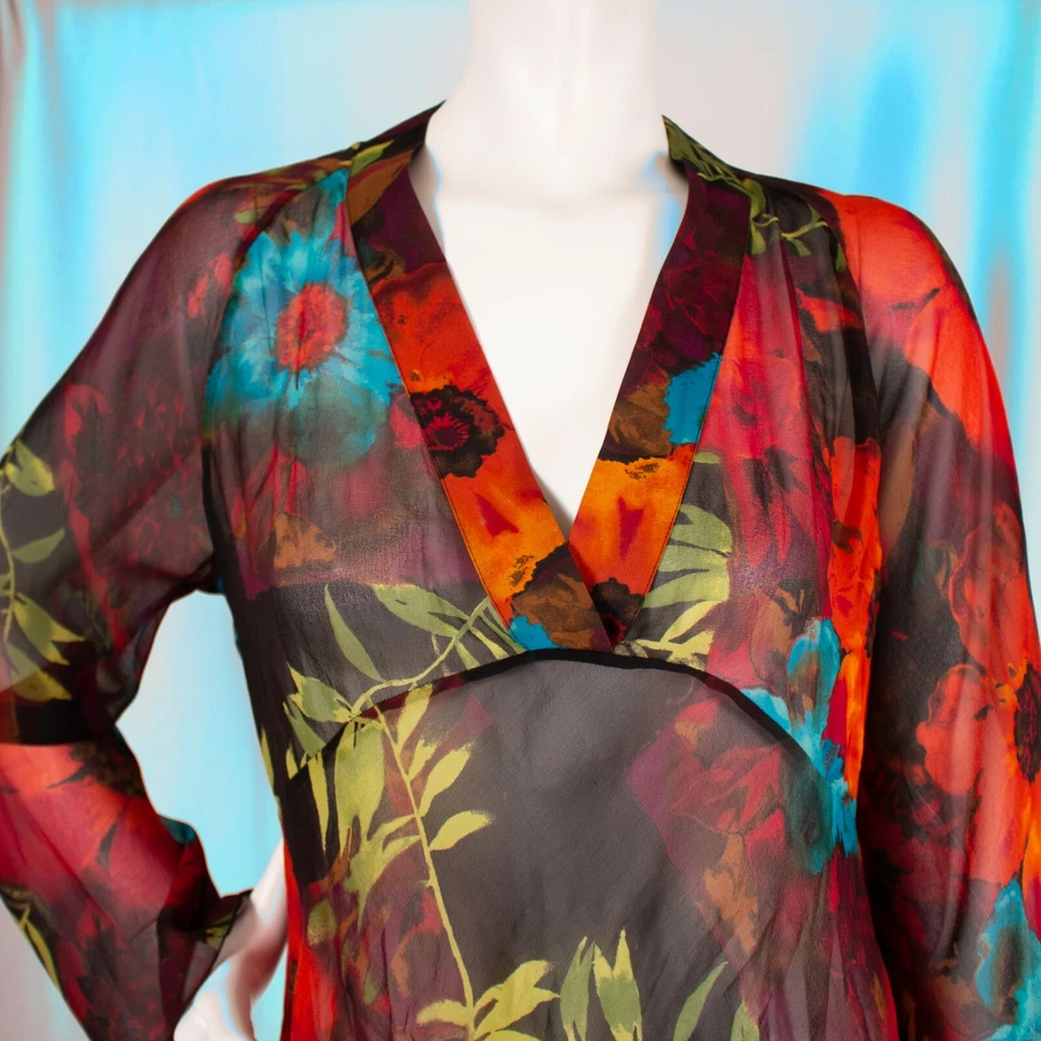 CHICO'S Red Turquoise Orange Green Black Floral Women Silk Top Size M L - Image 3 of 4