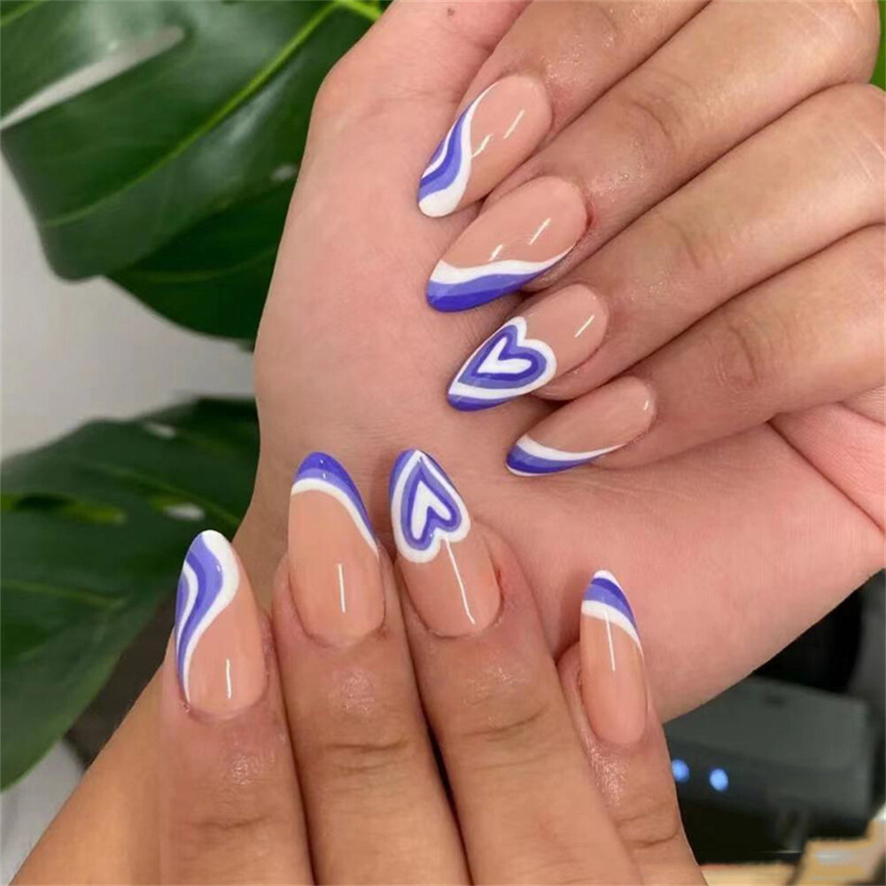 Oval Fake Nails Summer Blue Heart Short Drop Press on Nails for Nail Art  24pcs | eBay