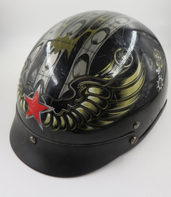 V531 FMVSS 218 DOT Motorcycle Black Half Helmet Wings Front Skull Bk Adult Sz XL