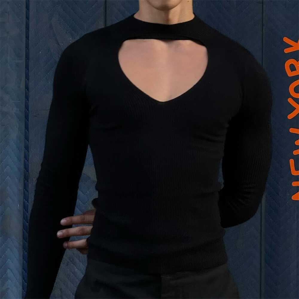 Camiseta informal de manga larga clásica ajustada cuello redondo para hombre