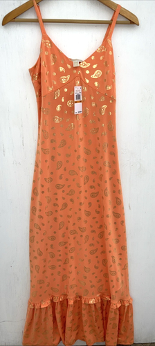 MICHAEL KORS Orange & Gold Paisley Stretchy Maxi Dress Ruffle Hem Petite P S NWT - Picture 4 of 8
