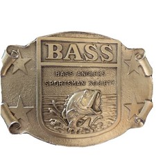VINTAGE BRASS BELT BUCKLE BASS ANGLERS SPORTSMAN SOCIETY LargeMouth Bass EUC